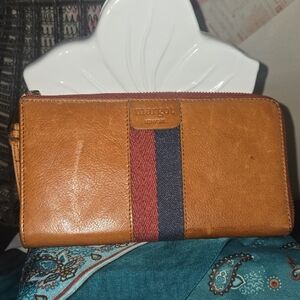 Margot Tan Leather Wallet with Red and Blue Stripe